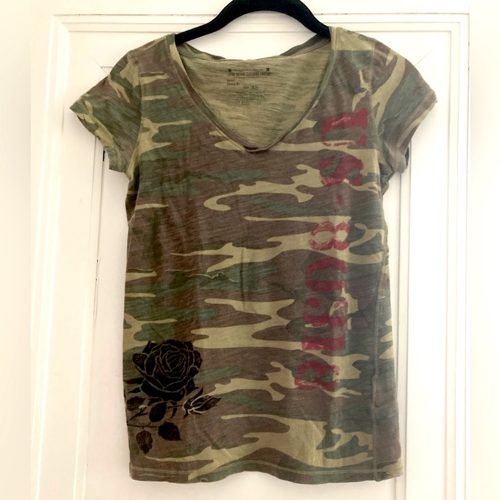Lucky Brand | Camouflage Tee with distressed type and black rose design